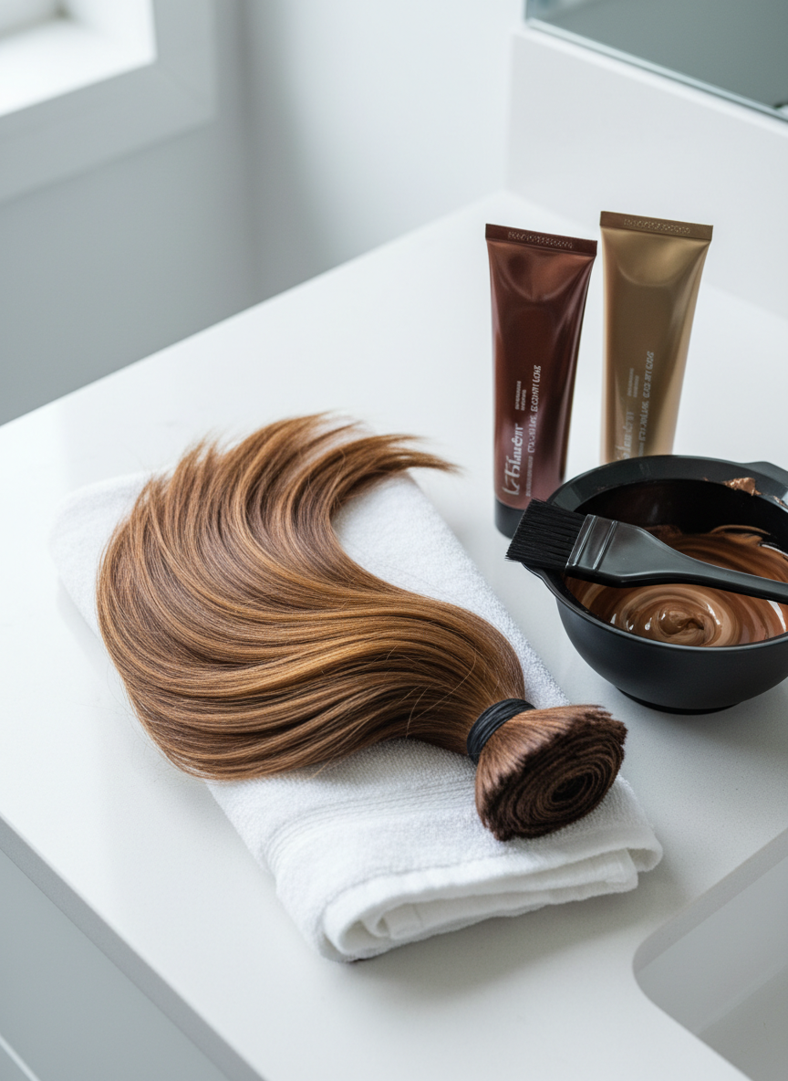 A close-up, photographic view of a glossy, chestnut-brown hair strand bundle laid across a clean white towel on a minimalist bathroom counter, showcasing silky texture and subtle natural highlights. Beside it, professional-grade hair color tubes, a black mixing bowl with creamy dye, and a precision tint brush are arranged with care. Cool, diffused daylight from an unseen window softly illuminates the scene, creating gentle reflections on the tubes and a smooth, shadow-free atmosphere. Shot from above with a slight diagonal, the composition feels ordered and modern, with sharp details in the hair fibers and tools. The overall mood is meticulous and expert, emphasizing professional coloring and balayage services without any human presence.