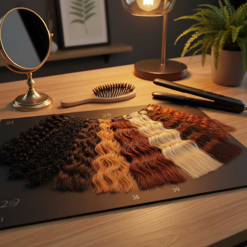 An elegant arrangement of diverse hair extension sample swatches—coil, wavy, and straight—displayed in a fan shape on a matte black board, each swatch labeled with subtle metallic numbers. Colors range from deep ebony to honey blonde and copper, highlighting inclusivity of all hair types. The board rests on a light oak tabletop with a handheld mirror, a boar-bristle brush, and a slim flat iron nearby. Warm overhead pendant lighting creates soft, flattering highlights on the different textures, accentuating their shine and definition. Photographic realism with a shallow depth of field keeps the front swatches crisp while the background gently blurs. The mood is polished and aspirational, ideal for a home hair professional specializing in all textures and styles.