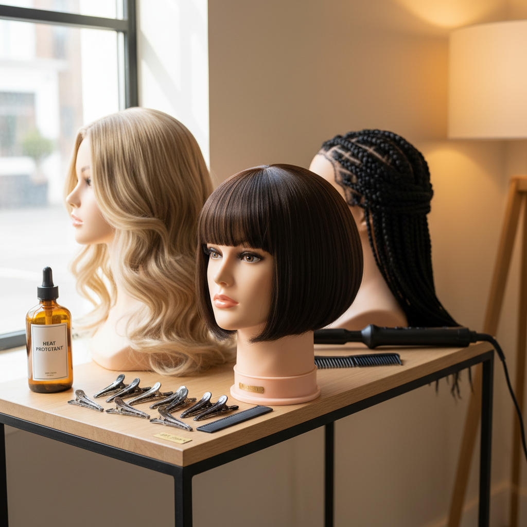 A meticulously styled set of three mannequin heads with realistic, high-quality synthetic hair in different lengths and textures positioned on a narrow console table against a soft beige wall. One head features a smooth, glossy bob, another long, layered waves, and the third intricate braids with precise parting. Around them, neatly arranged tools—sectioning clips, a fine-tooth comb, a curling wand, and a bottle of heat protectant—signal advanced technique. Natural daylight from a side window mixes with a subtle warm floor lamp glow, creating depth and gentle shadows. Photographic realism at an eye-level angle, with the central mannequin in sharp focus and the others softly receding. The atmosphere is expert and studio-like, underscoring 20 years of professional experience while remaining welcoming and non-intimidating.