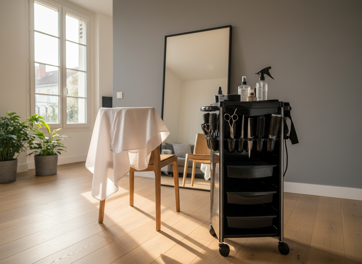 A sleek, professional mobile hairstyling setup arranged in a bright, modern Toulouse apartment living room, with a portable black stylist’s trolley neatly organized with gleaming stainless steel scissors, combs, brushes, and spray bottles. A folded, pristine white cutting cape rests on the back of a simple chair positioned in front of a large mirror leaning against a soft gray wall. Golden afternoon sunlight pours through a nearby French window, casting soft, natural highlights on the tools and subtle shadows on the light wooden floor. Photographic realism, eye-level composition with a slight angle, sharp focus on the tools and chair, the background gently blurred for depth. The mood is calm, professional, and inviting, reflecting a high-end home hairdressing experience.