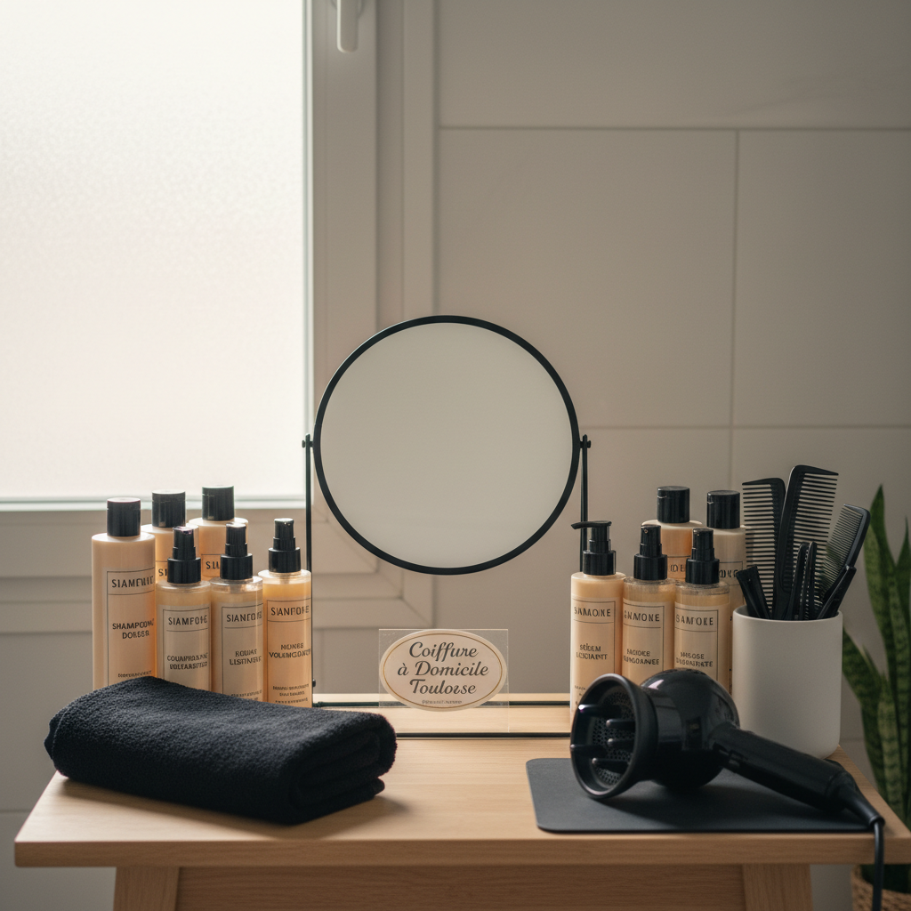A cozy home bathroom transformed into a temporary professional salon corner: a freestanding, round tabletop mirror with a slim black frame sits on a small wooden vanity, surrounded by neatly lined bottles of shampoo, conditioner, smoothing serum, and styling mousse in elegant, coordinated packaging. A folded black microfiber towel, a ceramic cup holding combs and sectioning clips, and a sleek hairdryer with diffuser rest nearby. Soft, diffused morning light filters through a frosted window, creating a serene, luminous feel and subtle reflections on product labels. Shot from a slightly elevated angle in photographic realism, with sharp focus and gentle background blur, the composition feels organized and approachable. The mood is warm, reassuring, and practical, perfectly conveying the comfort and professionalism of at-home hairdressing services in Toulouse.