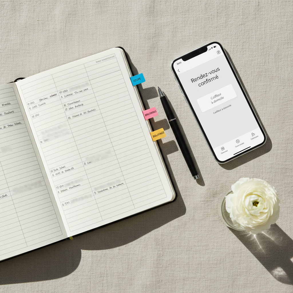 An overhead, photographic shot of a stylist’s open appointment notebook on a light linen tablecloth, pages filled with neatly handwritten time slots and color-coded sticky tabs marking services like “coupe,” “brushing,” and “balayage.” A modern smartphone displaying a simple booking confirmation screen in French rests beside it, along with a fine black pen and a small glass vase holding a single white flower. Soft, natural daylight from the side creates gentle shadows from the pen and phone, maintaining a clean, airy atmosphere. The composition uses rule-of-thirds placement, with the notebook as the focal point. The mood is organized, efficient, and professional, visually communicating how easy it is to reserve a mobile hair appointment without showing any people.